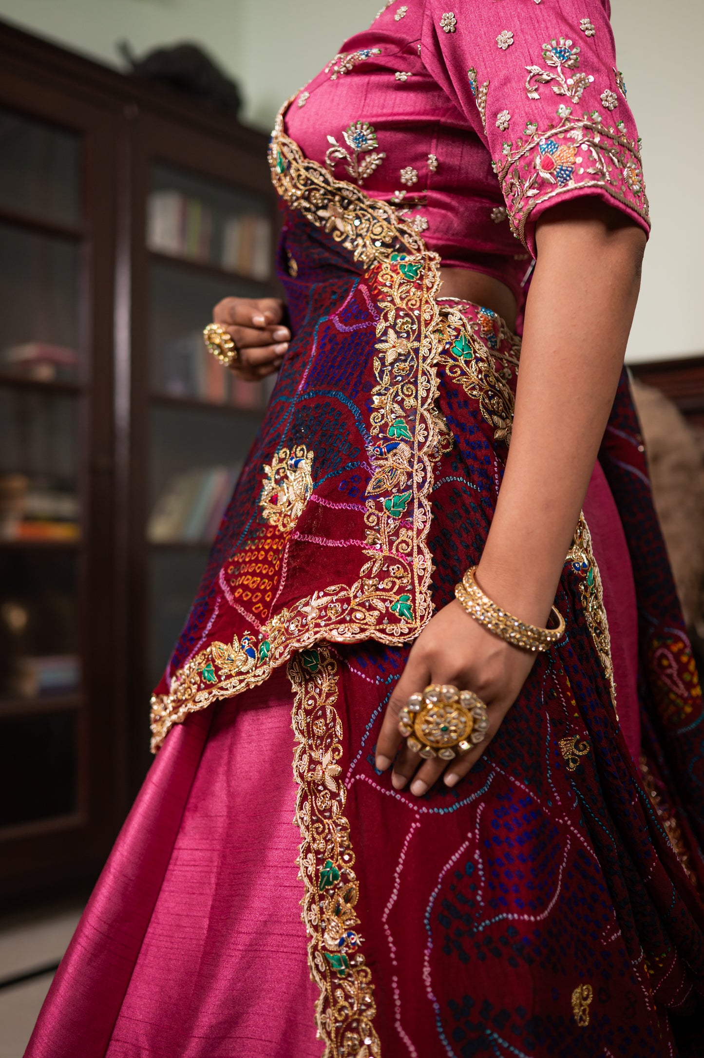 Maroon Pure Ojariya Bandhej Chunari with Zarodozi Double Peacock Motifs Sequins Work