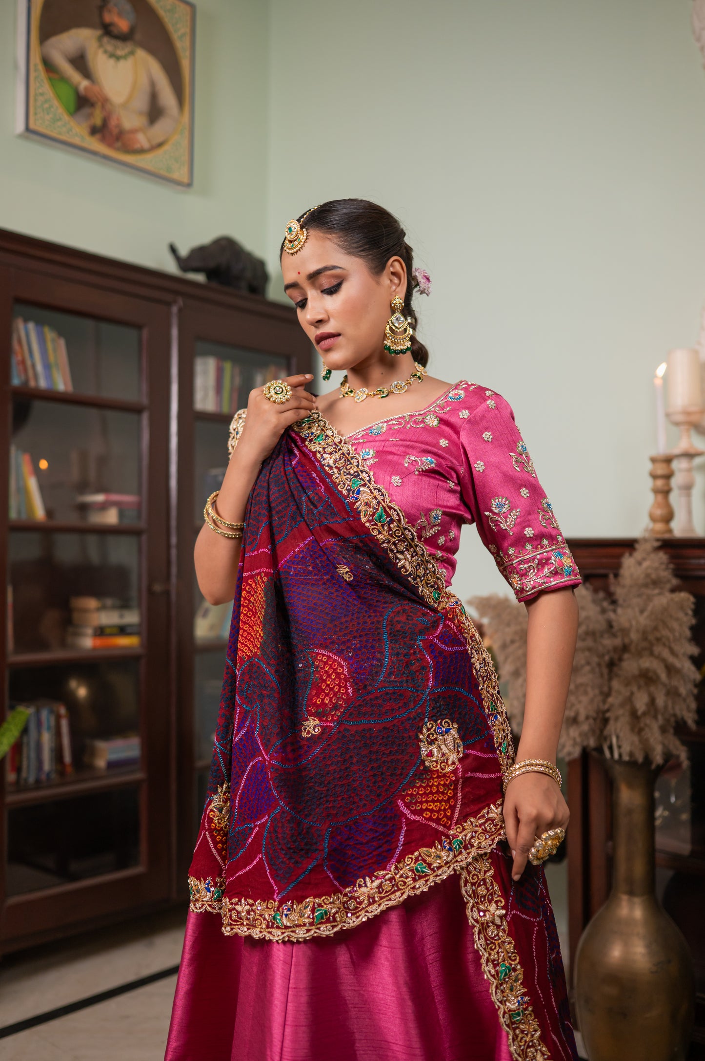 Maroon Pure Ojariya Bandhej Chunari with Zarodozi Double Peacock Motifs Sequins Work