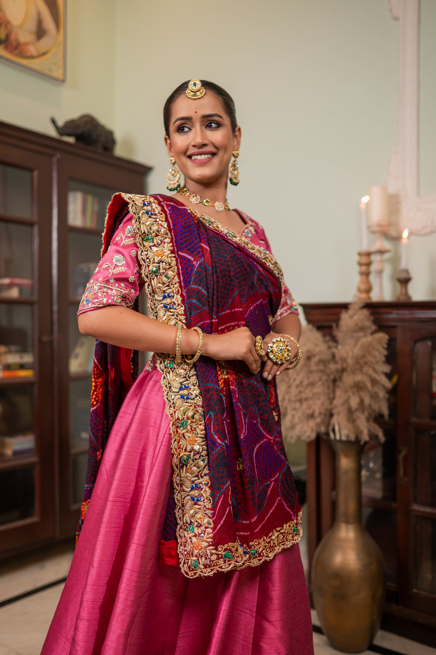 Maroon Pure Ojariya Bandhej Chunari with Zarodozi Double Peacock Motifs Sequins Work