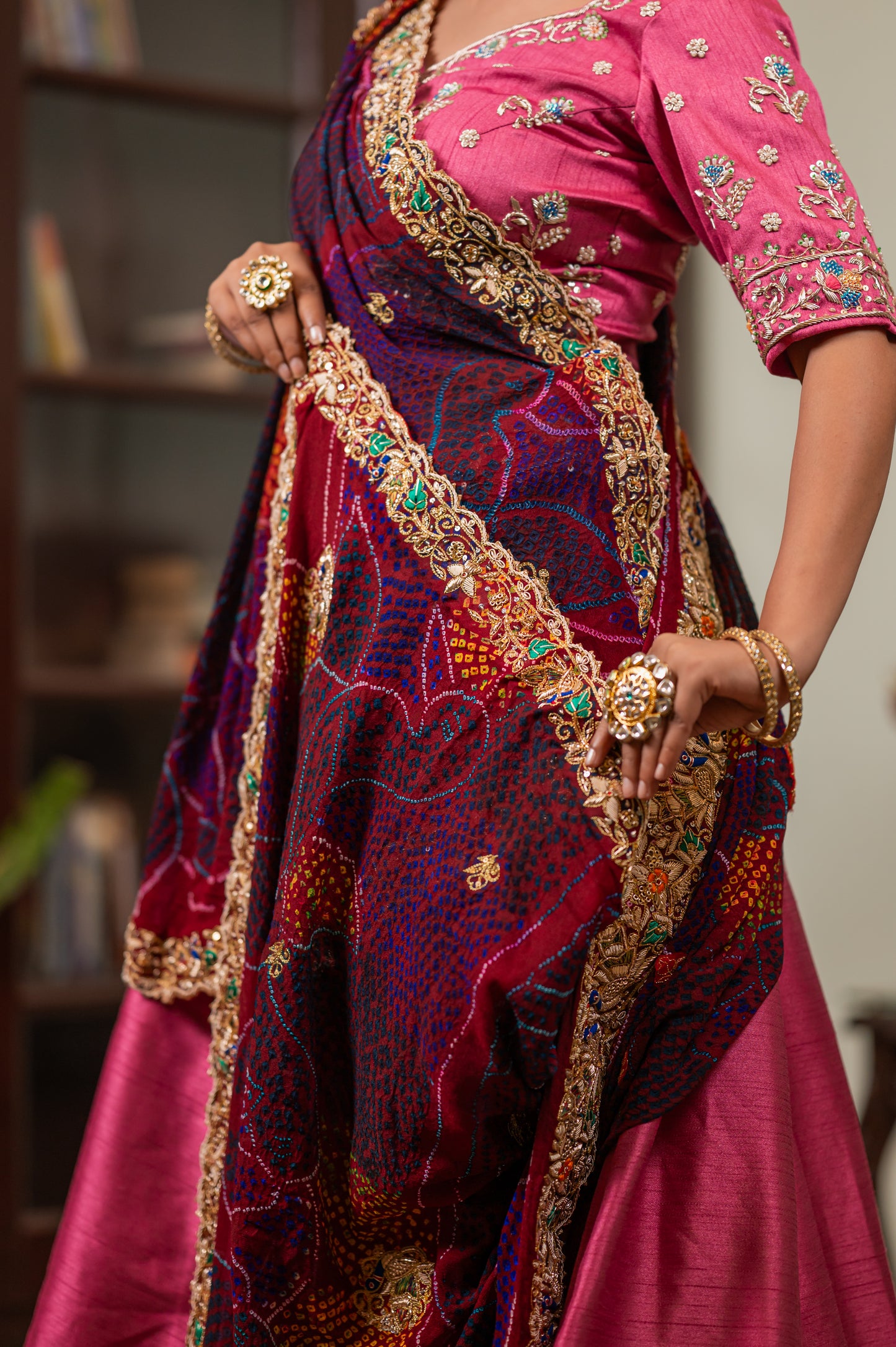 Maroon Pure Ojariya Bandhej Chunari with Zarodozi Double Peacock Motifs Sequins Work