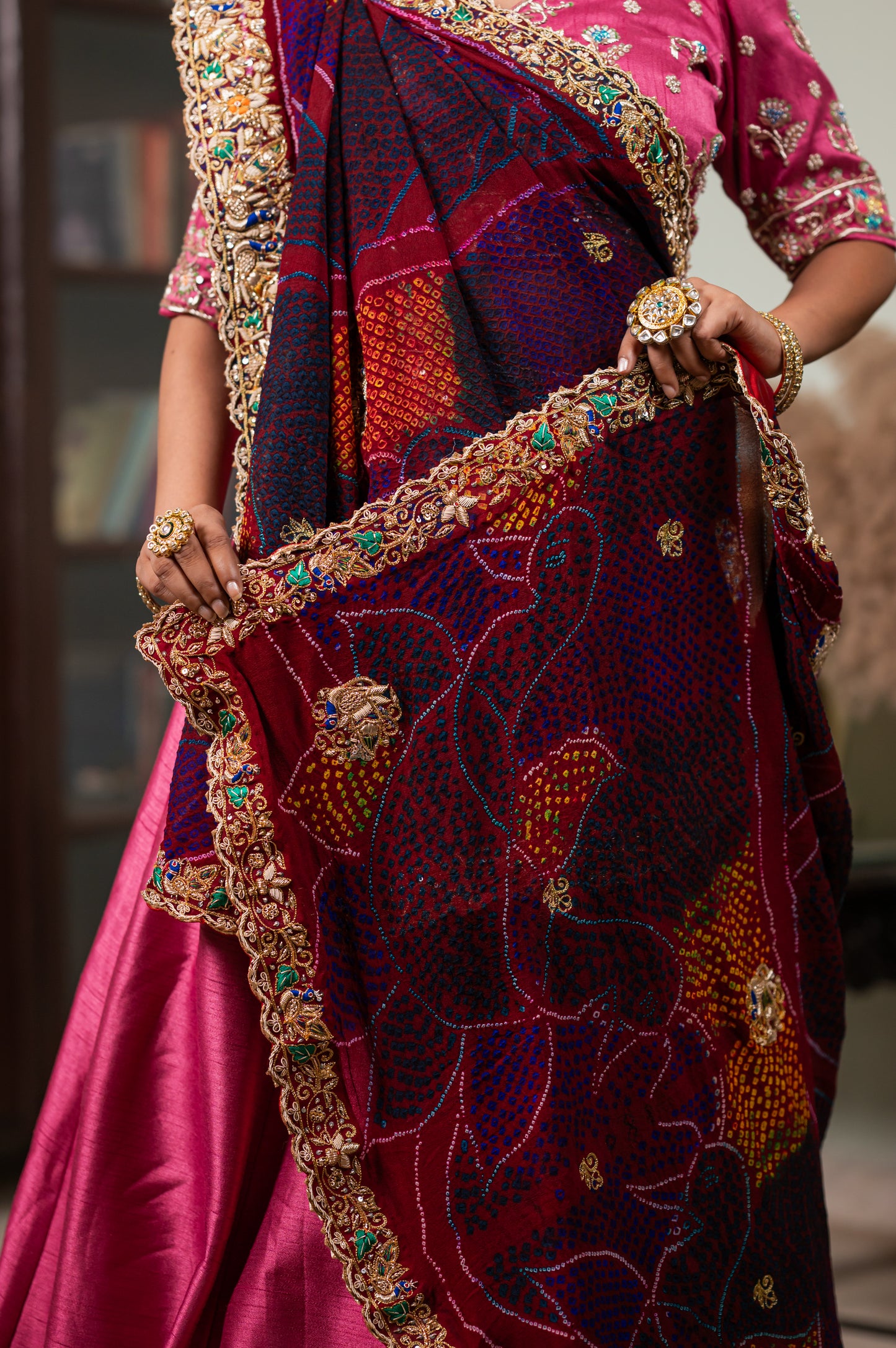 Maroon Pure Ojariya Bandhej Chunari with Zarodozi Double Peacock Motifs Sequins Work