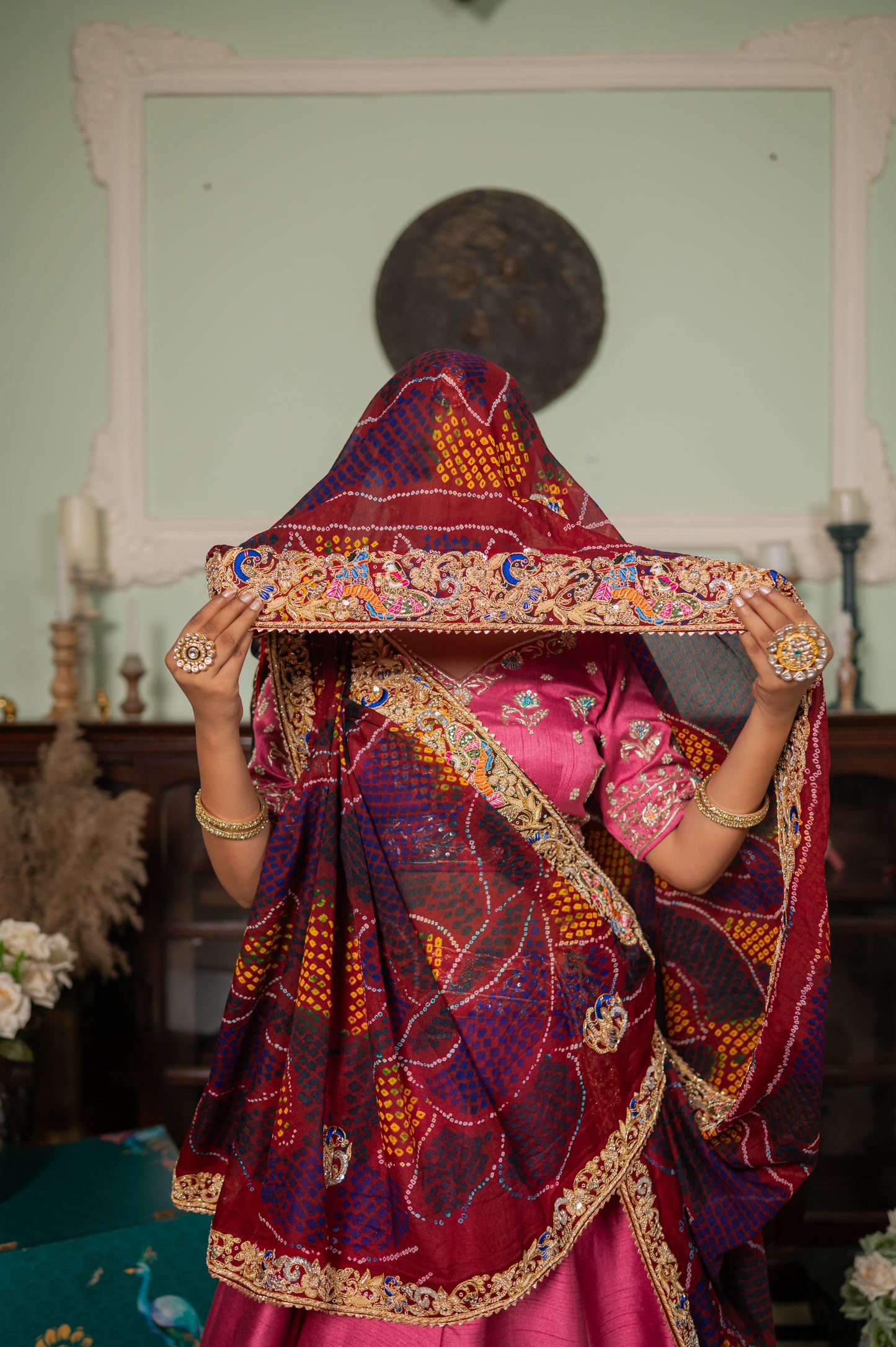 Maroon Pure Ojariya Bandhej Chunari with Zardozi Radha Yasodha Motifs Sequins Work