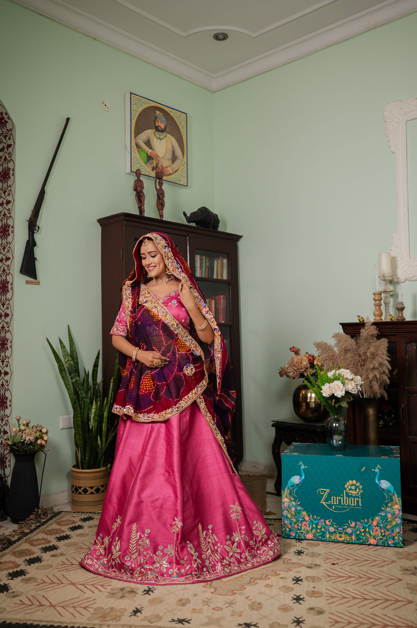 Maroon Pure Ojariya Bandhej Chunari with Zardozi Radha Yasodha Motifs Sequins Work