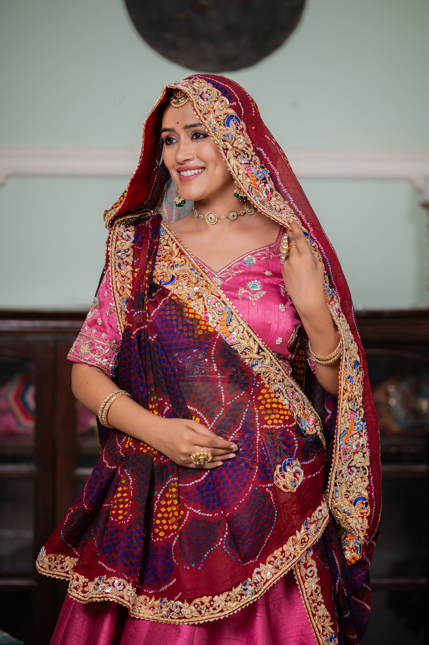 Maroon Pure Ojariya Bandhej Chunari with Zardozi Radha Yasodha Motifs Sequins Work