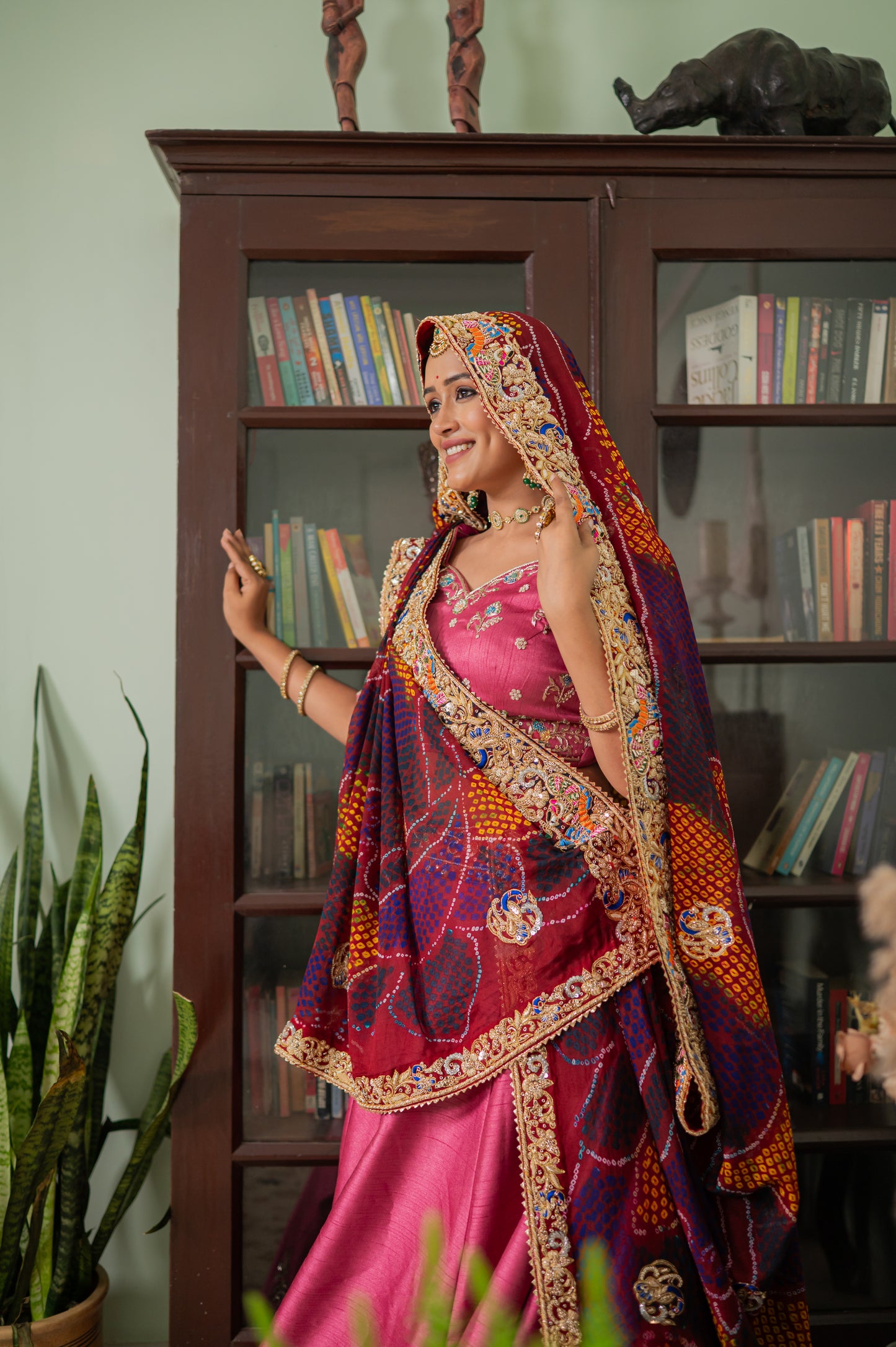 Maroon Pure Ojariya Bandhej Chunari with Zardozi Radha Yasodha Motifs Sequins Work