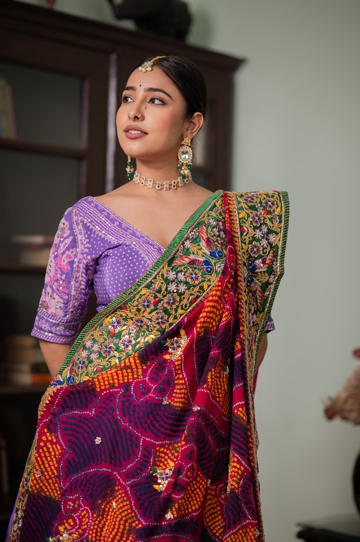 Red Pure Ojariya Bandhej Chunari with Zardozi Gota Patti Double Parrot Motifs Sequins Work