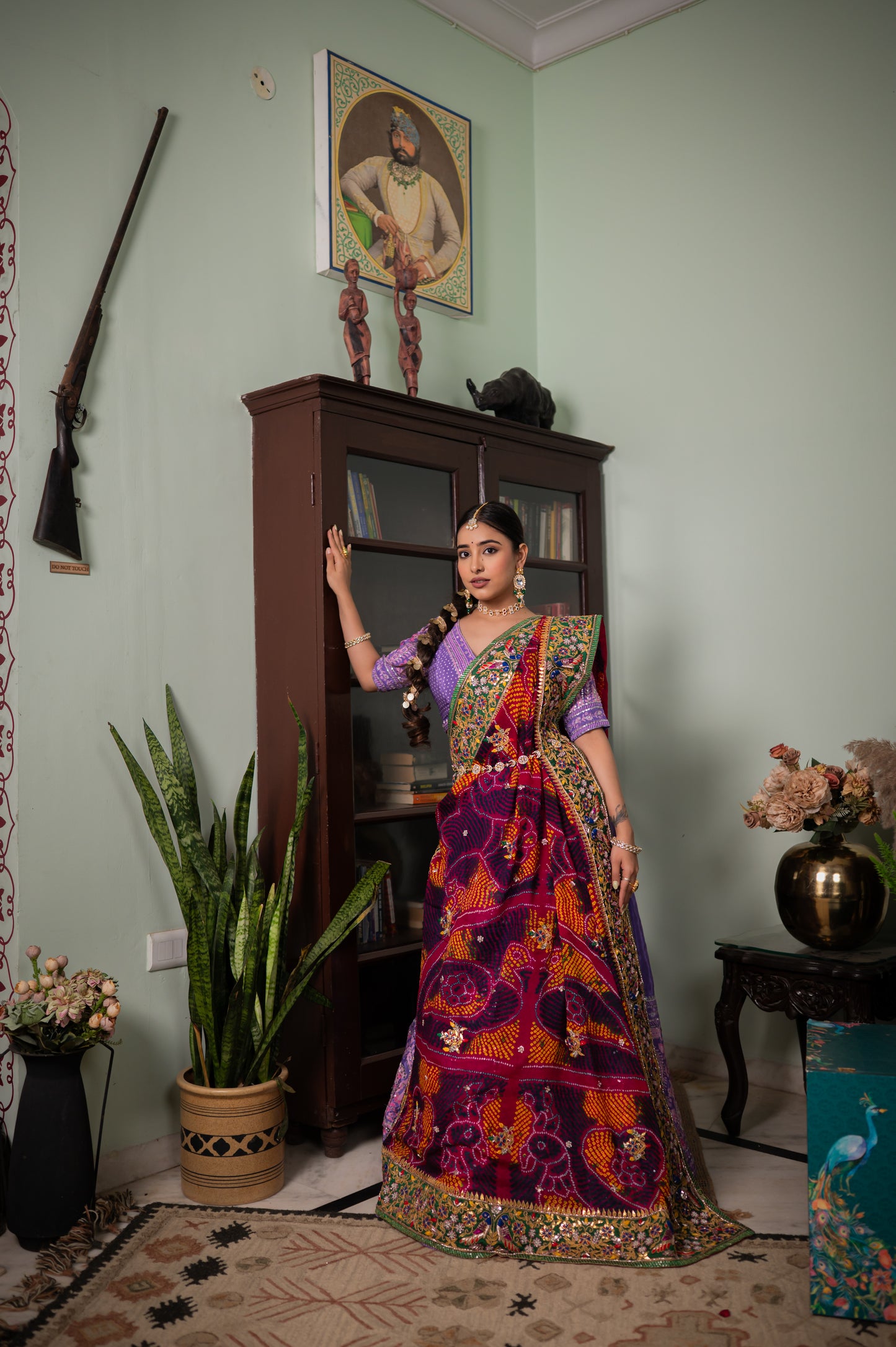 Red Pure Ojariya Bandhej Chunari with Zardozi Gota Patti Double Parrot Motifs Sequins Work