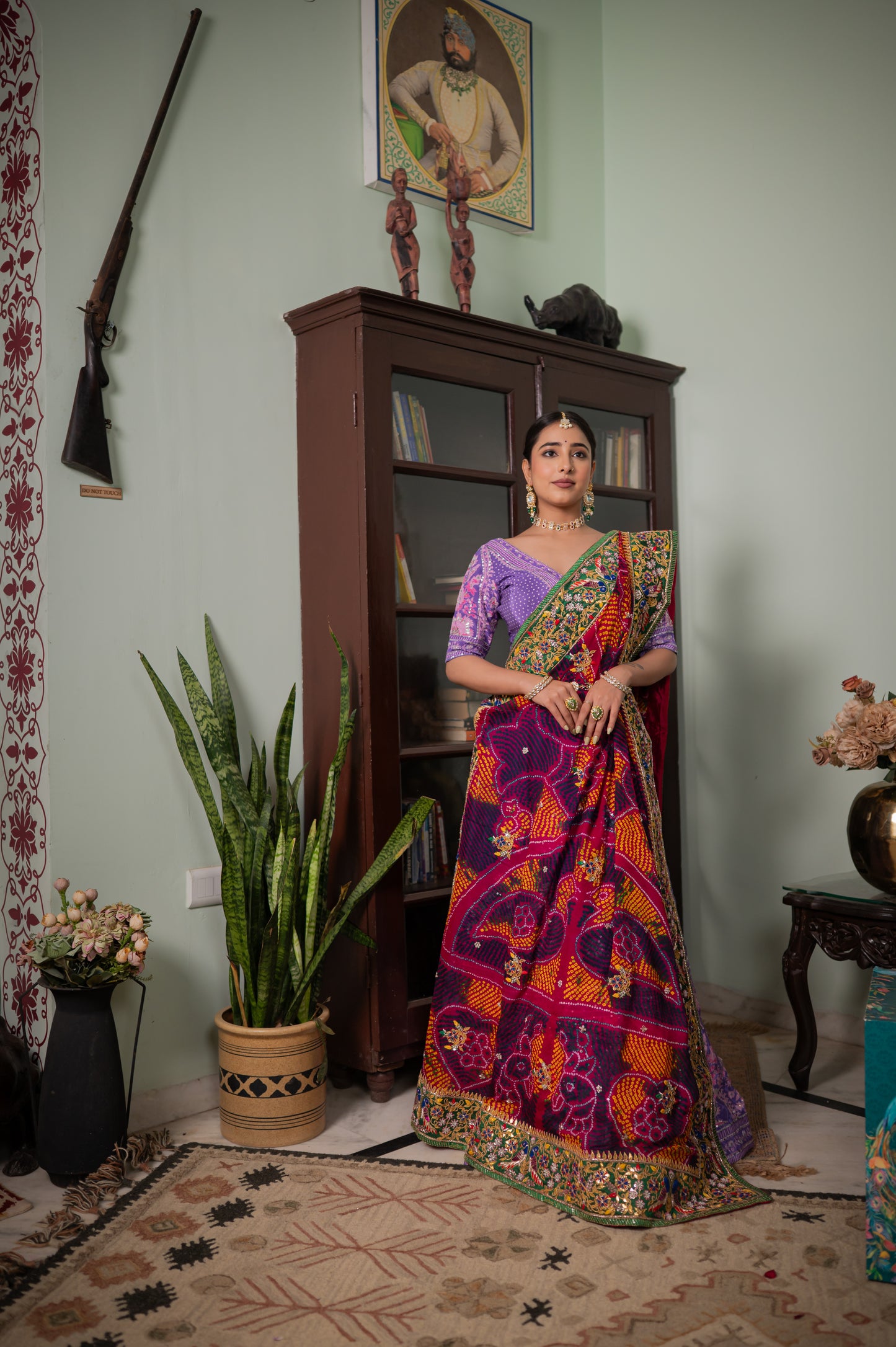 Red Pure Ojariya Bandhej Chunari with Zardozi Gota Patti Double Parrot Motifs Sequins Work