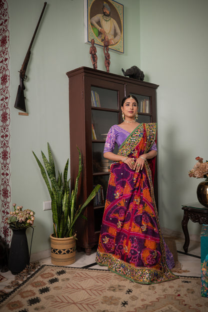 Red Pure Ojariya Bandhej Chunari with Zardozi Gota Patti Double Parrot Motifs Sequins Work