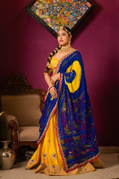 Bridal Dupatta - Blue Ojariya Bandhej Aari Zardozi | Wedding Chunari