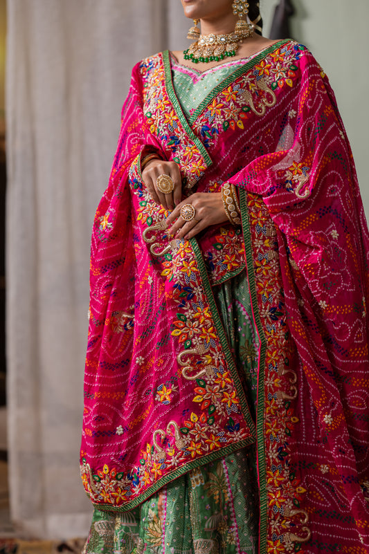 Pink Pure Ojariya Bandhej Chunari with Zardozi Double Peacock Motifs Thread Work