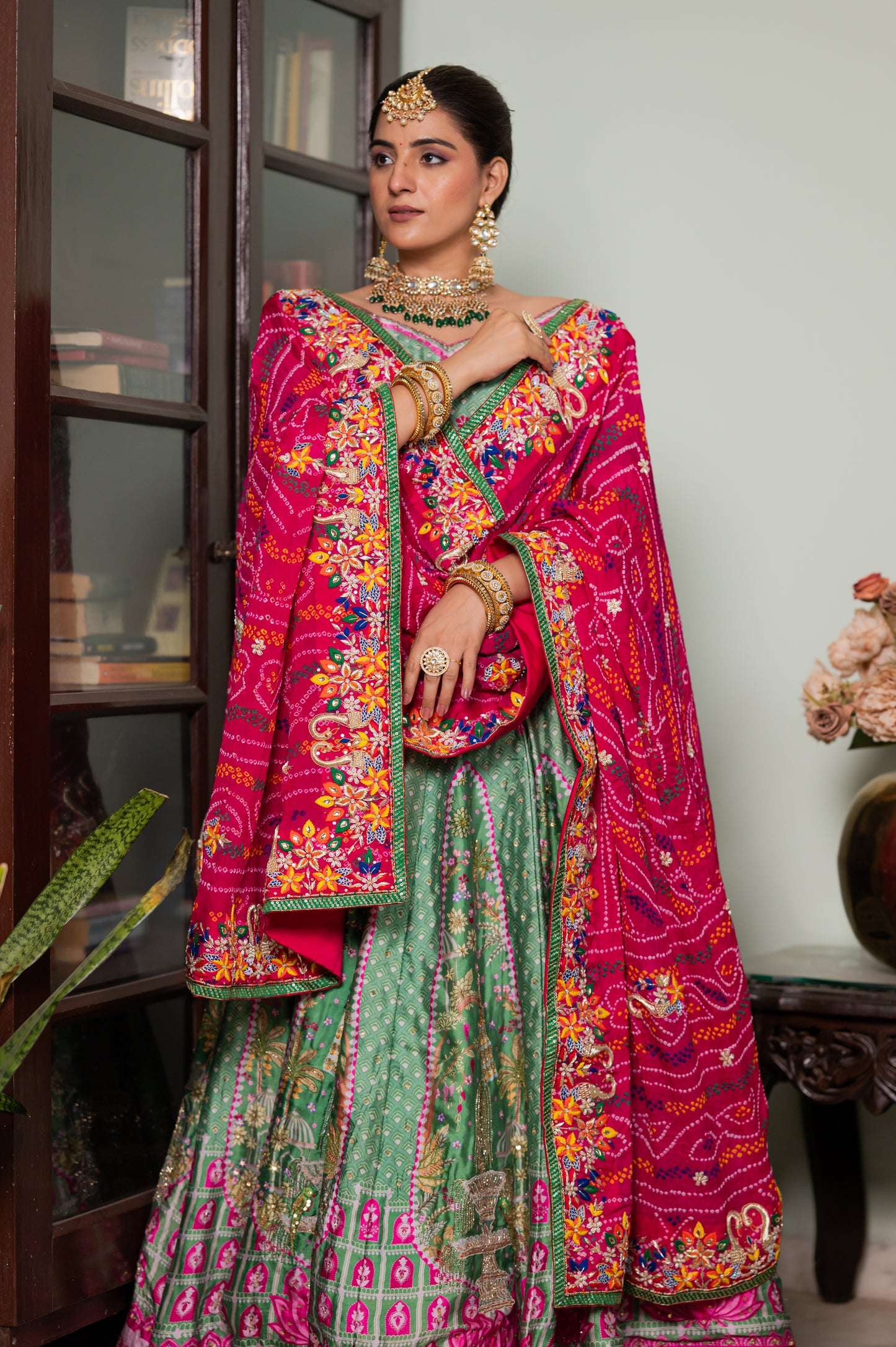 Pink Pure Ojariya Bandhej Chunari with Zardozi Double Peacock Motifs Thread Work