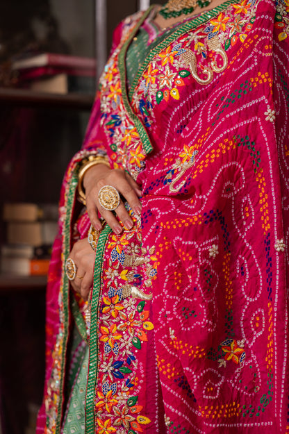 Pink Pure Ojariya Bandhej Chunari with Zardozi Double Peacock Motifs Thread Work