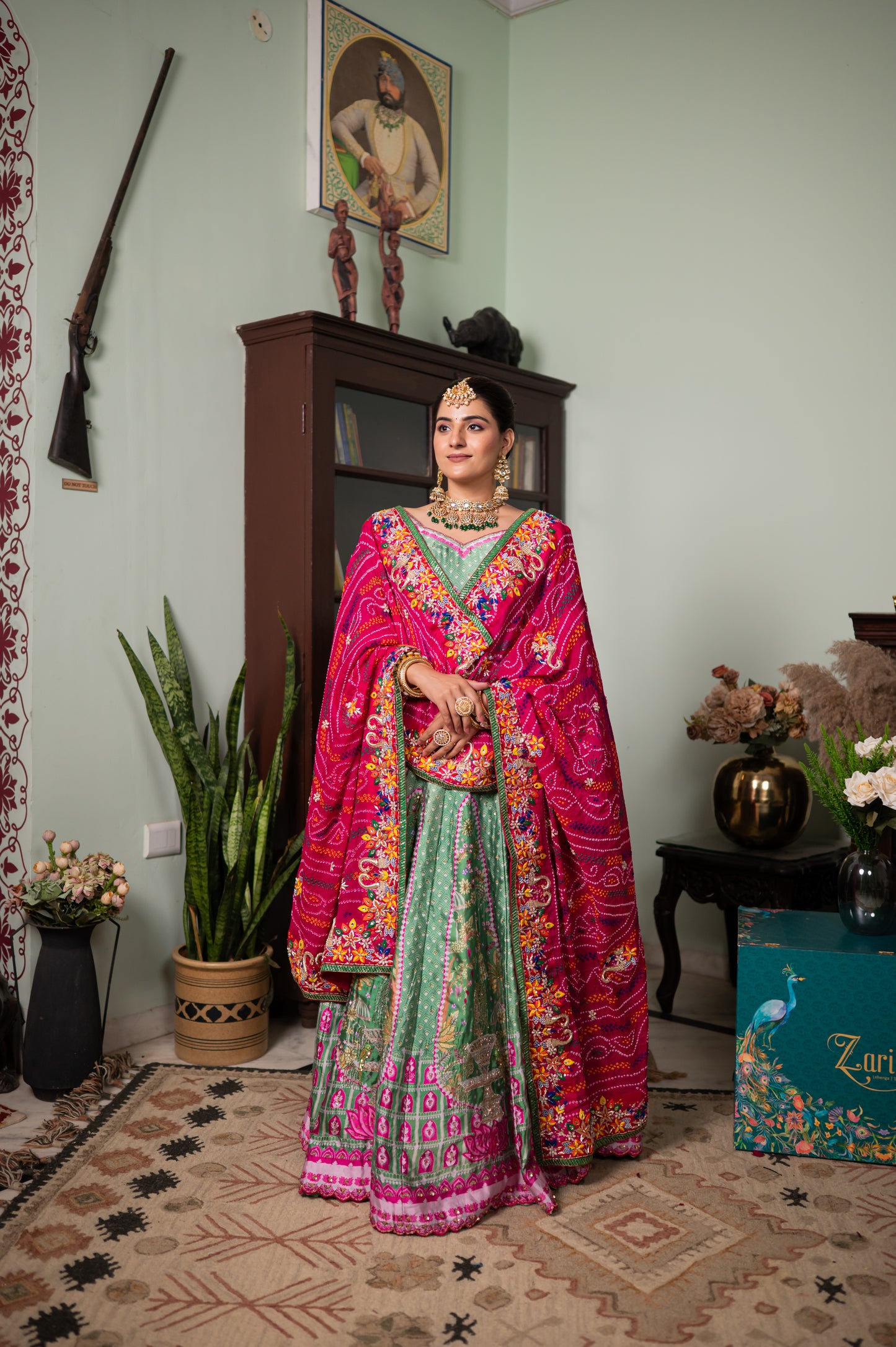 Pink Pure Ojariya Bandhej Chunari with Zardozi Double Peacock Motifs Thread Work
