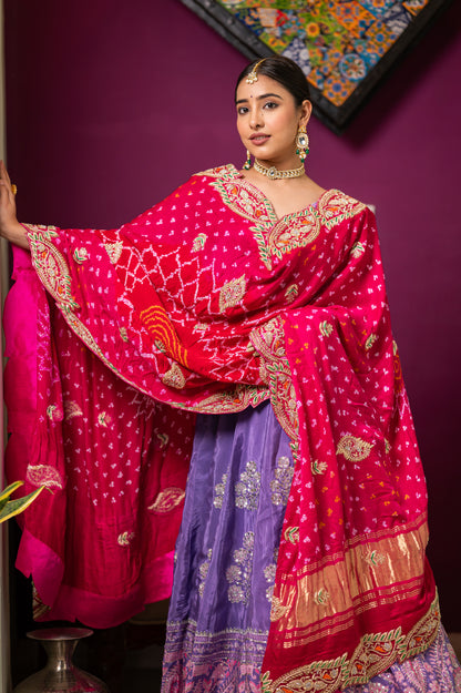 Bridal Dupatta - Pink Gajji Silk Bandhej Zardozi | Wedding Chunari