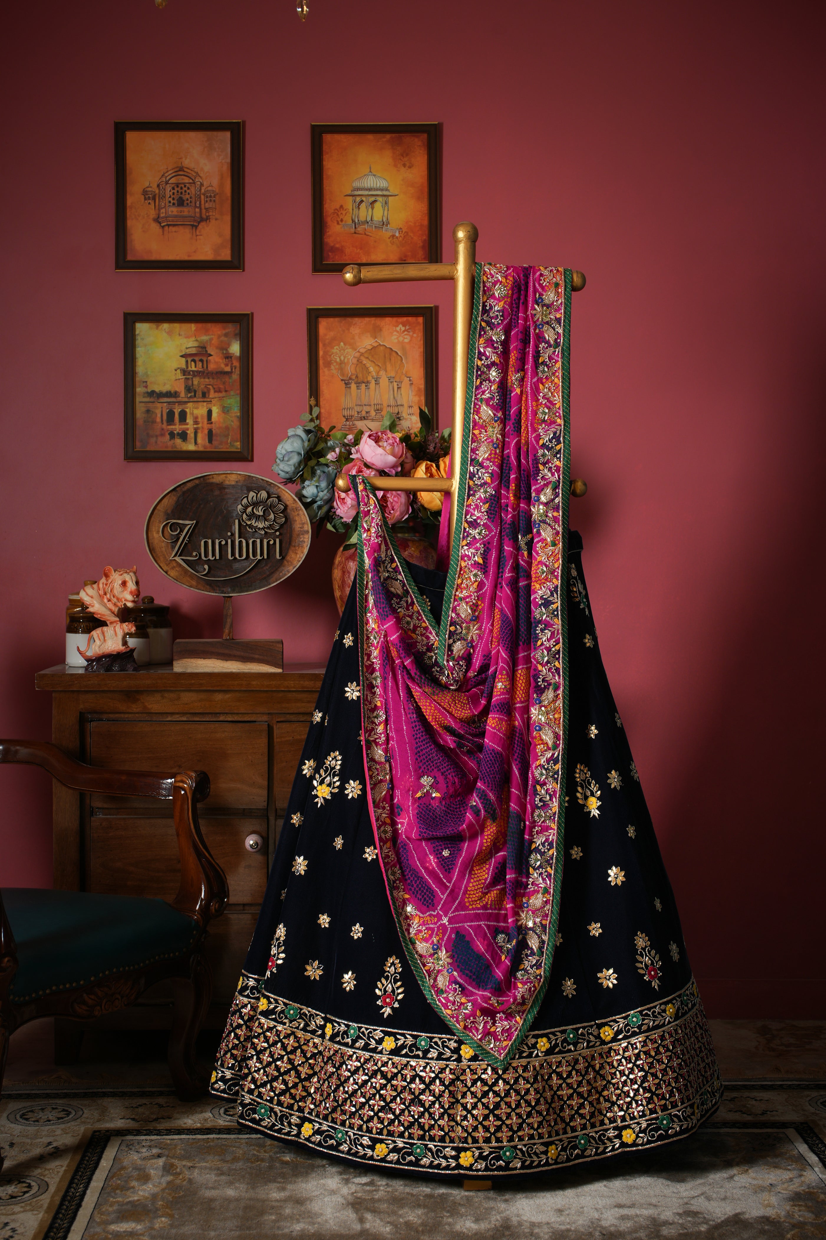 Blue Velvet Lengha with Red Dupatta | Indian Bridal Dress