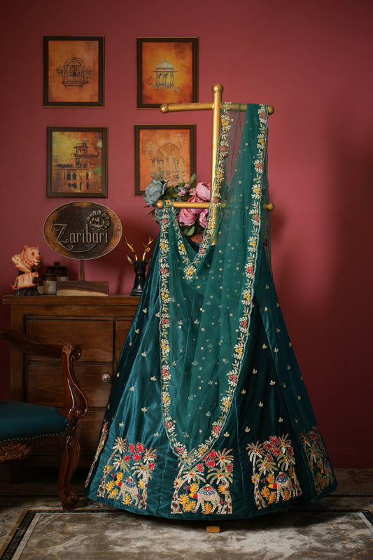 Rama Green Designer Camel Khajur Lycra Velvet Lehenga