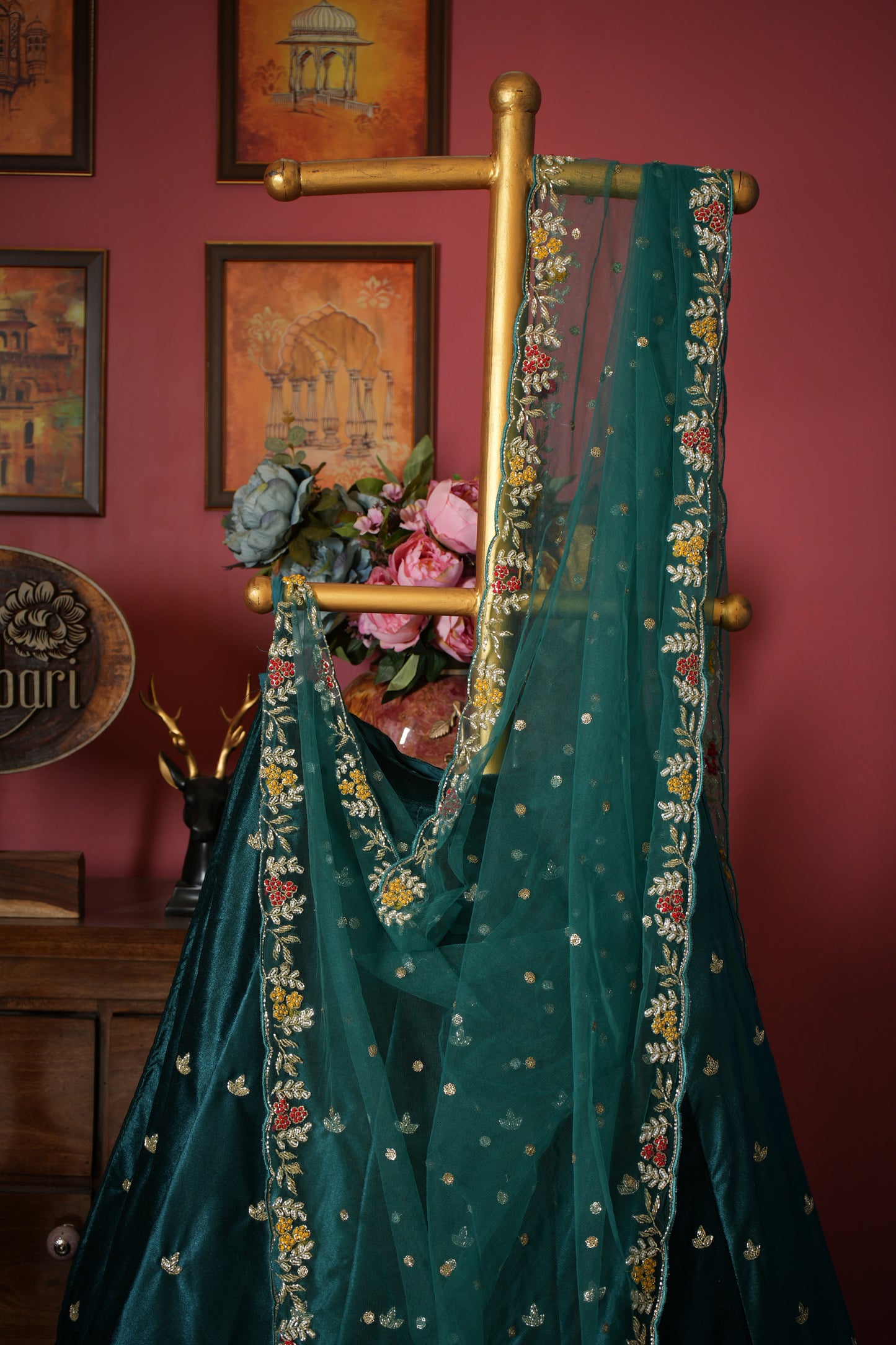 Rama Green Designer Camel Khajur Lycra Velvet Lehenga