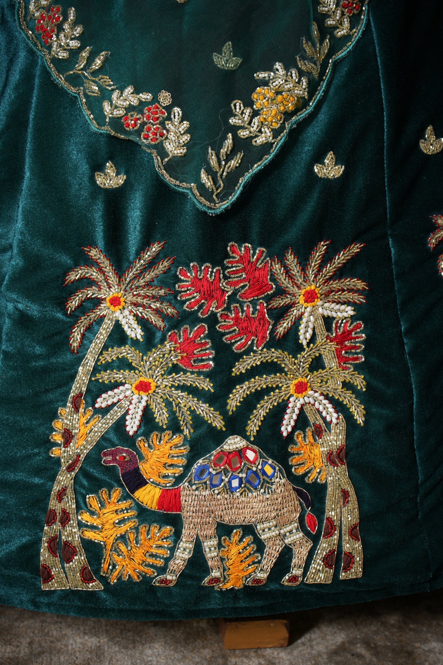 Rama Green Designer Camel Khajur Lycra Velvet Lehenga