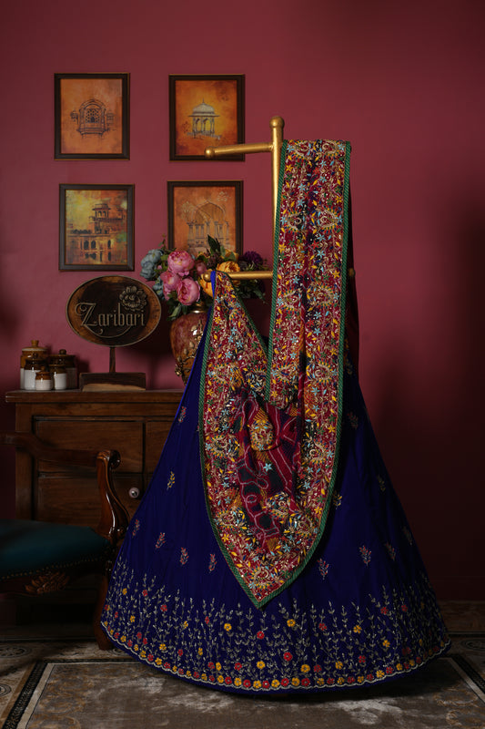 Royal Blue Designer Kardana Chadi 9k Velvet Lehenga