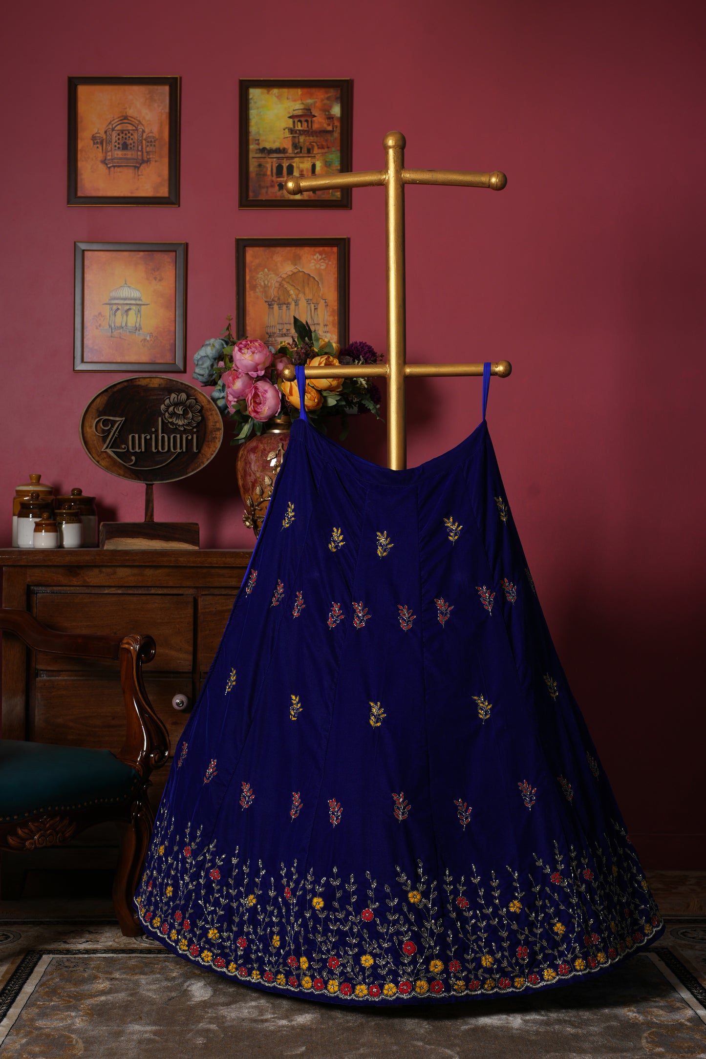Royal Blue Designer Kardana Chadi 9k Velvet Lehenga