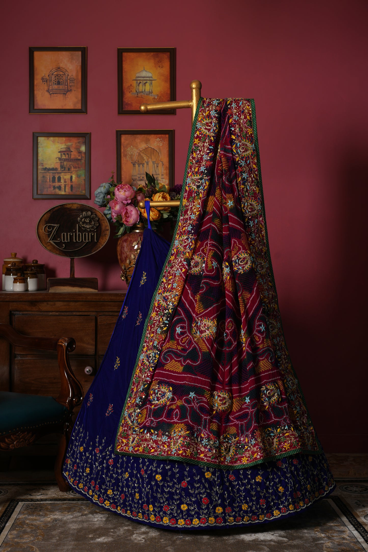 Royal Blue Designer Kardana Chadi 9k Velvet Lehenga